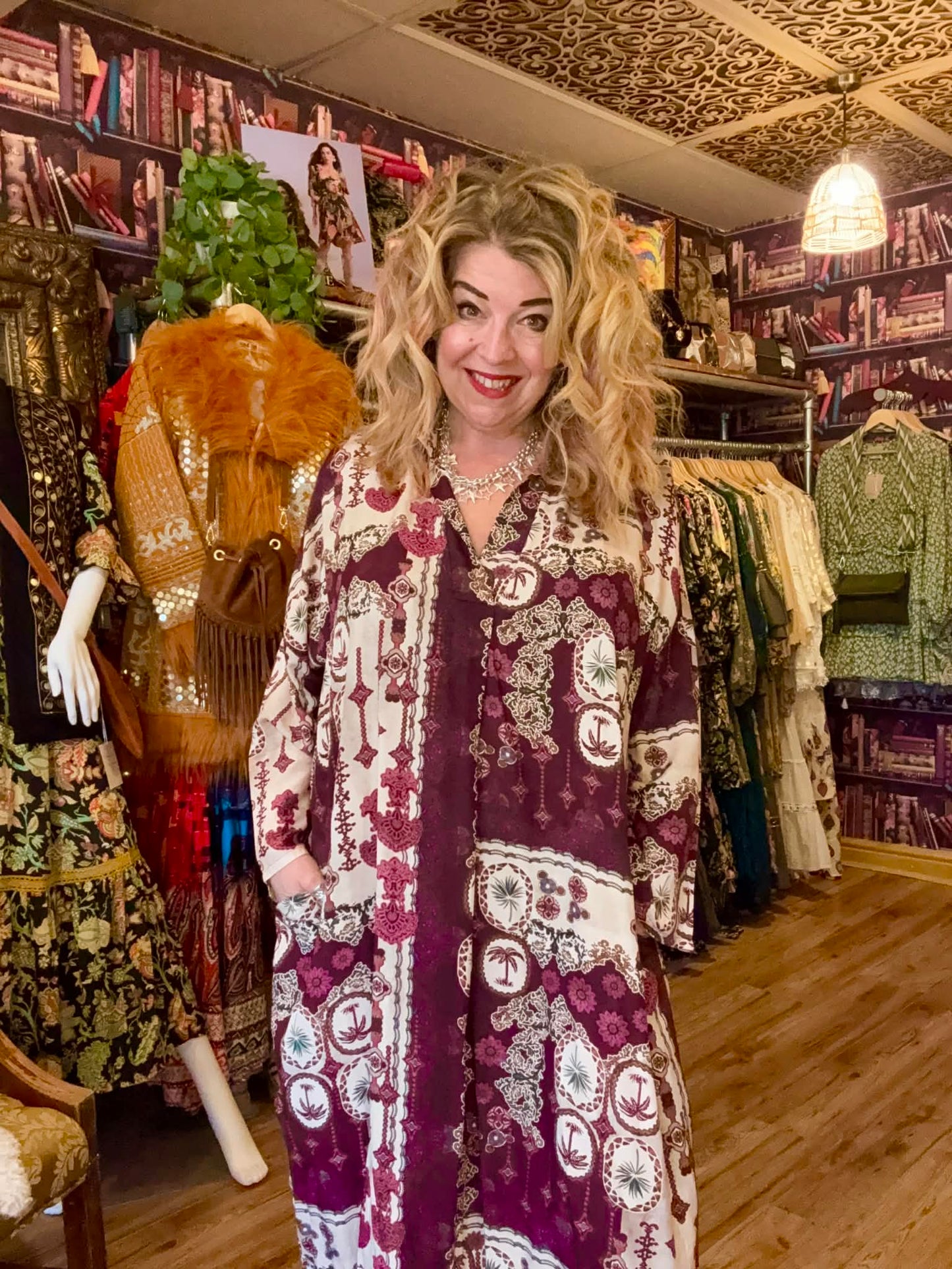 THE 'CASABLANCA' FABULOUSLY FLATTERING ETHNIC INSPIRED PRINT POCKET DETAIL SHIRT DRESS RUBY OR KHAKI