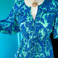 THE 'ALHAMBRA SKIES' BREATH TAKING TURQUOISE AND COBALT BOTANICAL PRINT FRILL HEM DRESS FROM OUR SPANISH COLLECTION