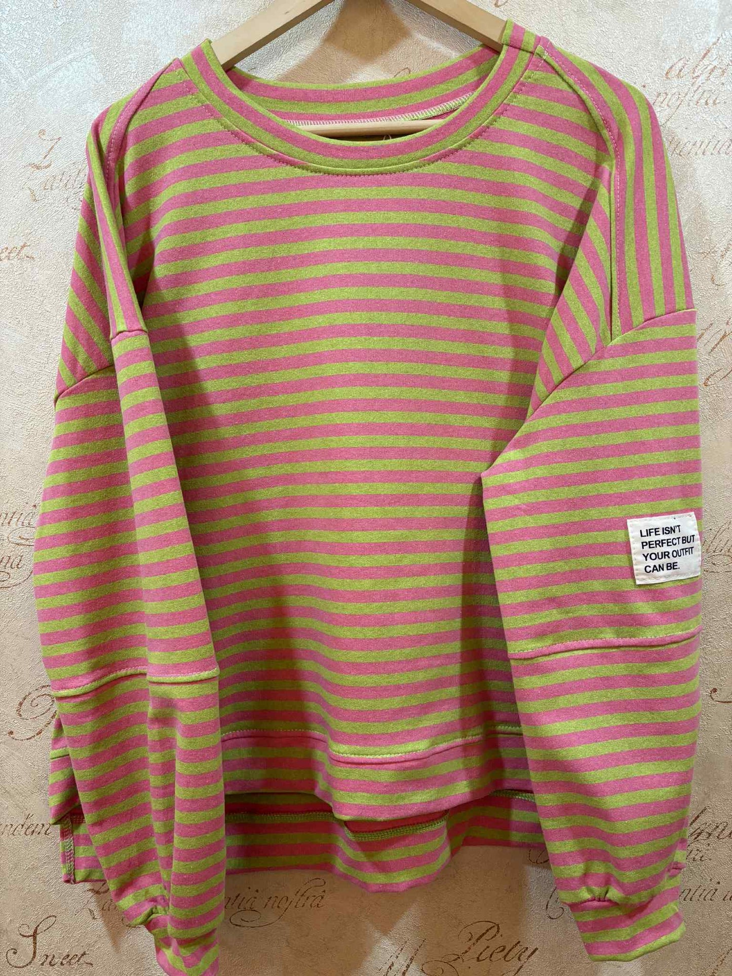 THE 'WEEKENDER' 70'S STYLE BRIGHT & BEAUTIFUL STRIPED SWEATSHIRT WITH QUIRKY PATCH DETAIL TWO COLOUR OPTIONS