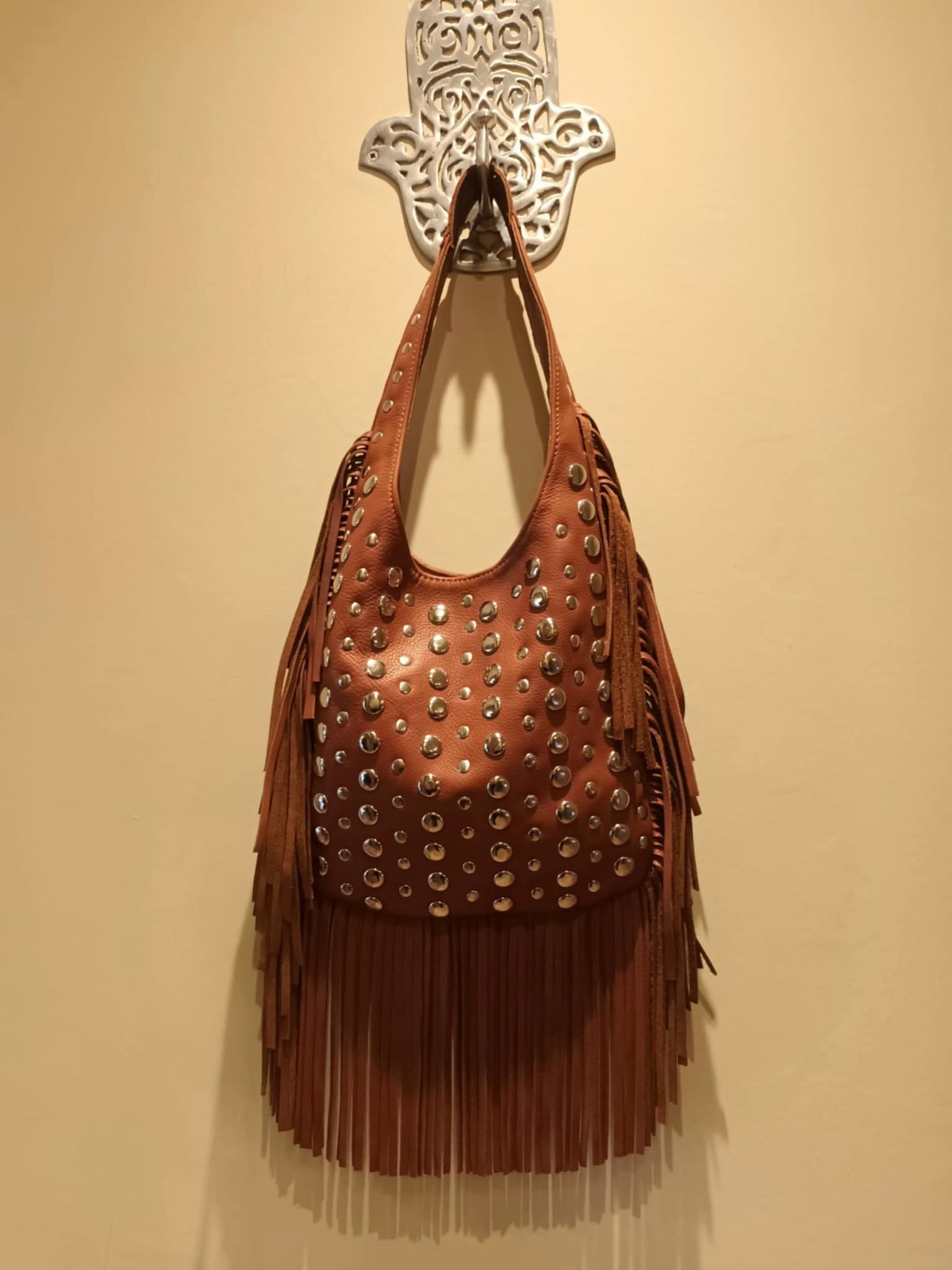 THE 'MEDINA' 100% EXQUISITE SOFT LEATHER FRINGED BAG WITH STUDDED EMBELLISHMENTS HANDMADE IN MARRAKECH TAN OR BLACK