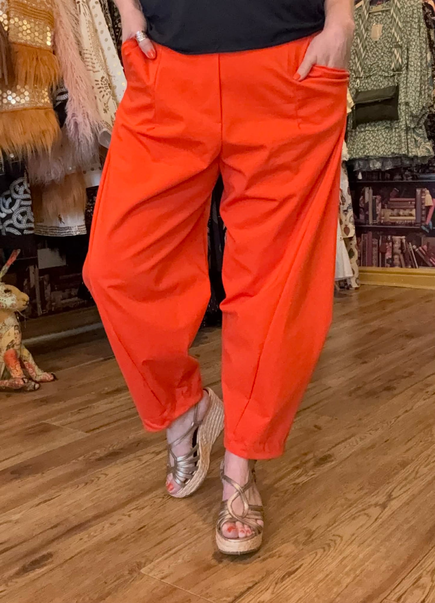 THE 'HAVANA' FABULOUSLY FLATTERING TAPERED BARREL LEG STRETCH TROUSERS IN VIBRANT ORANGE