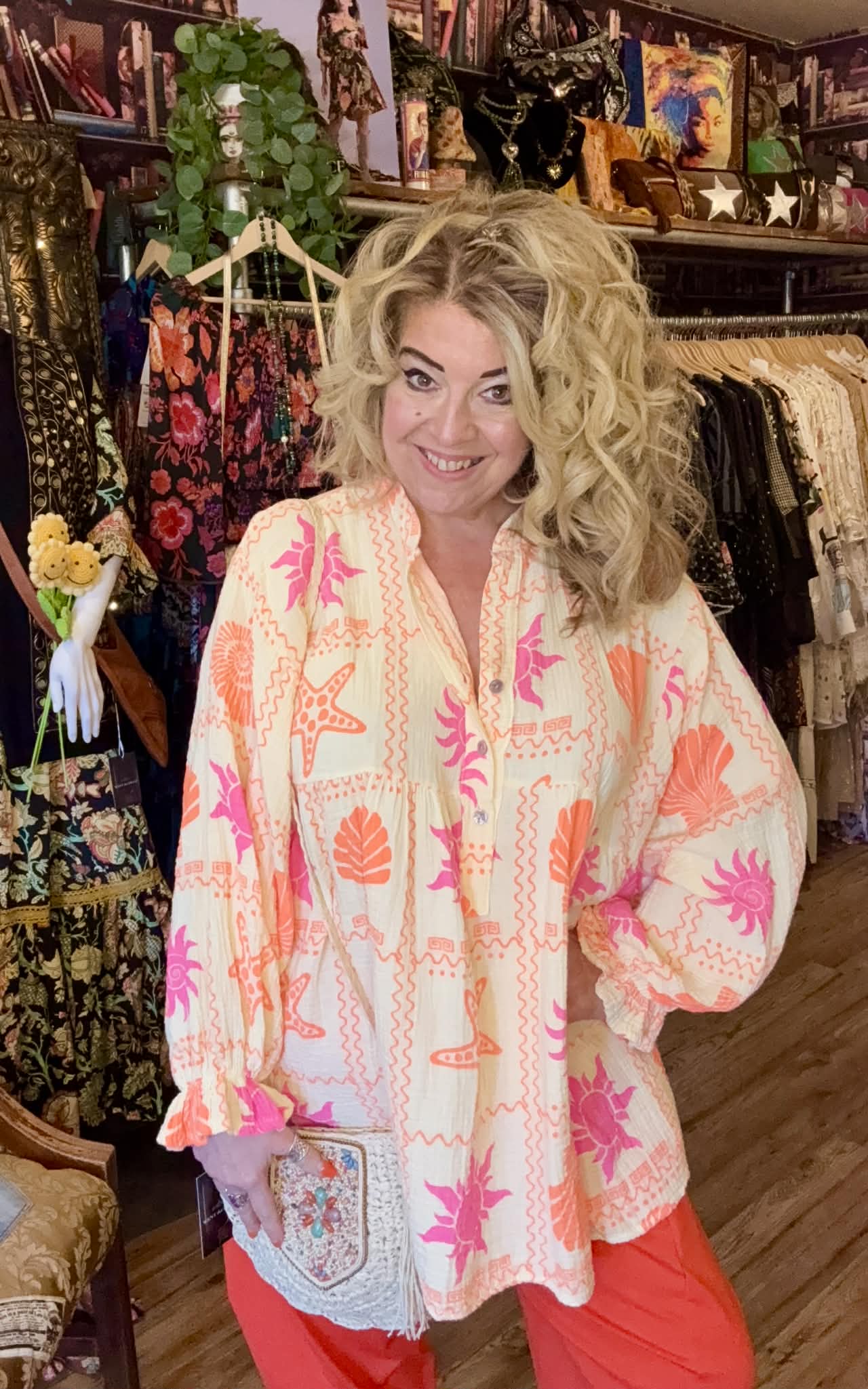 THE 'SOLEIL' STUNNING 100% COTTON SEA AND SUN PRINT BUTTON THROUGH SMOCK TOP MADE IN ITALY