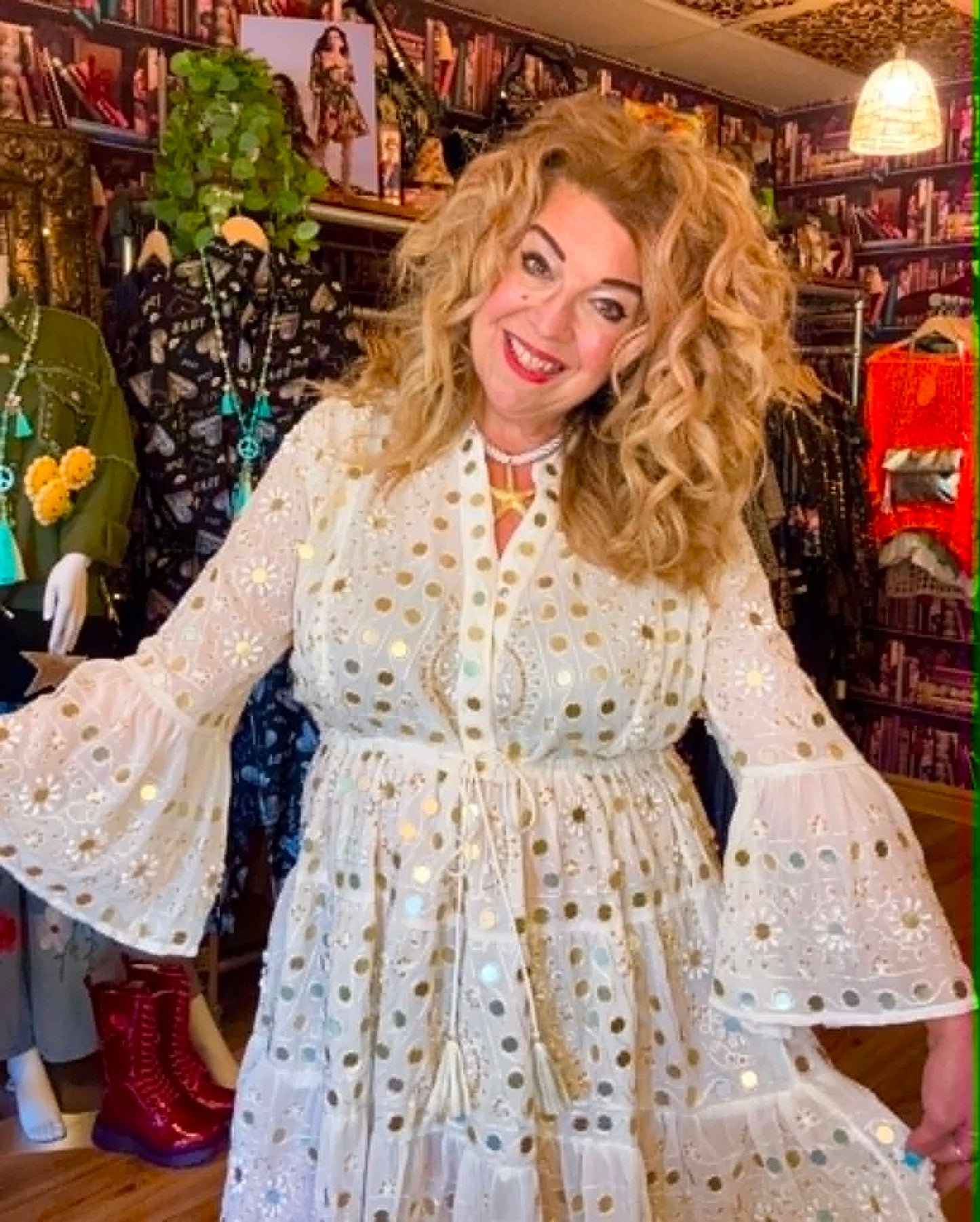 THE 'NURIA' STUNNING SNOWY WHITE SEQUINNED AND BEADED BELL SLEEVE BOHEMIAN TUNIC DRESS FROM OUR EXCLUSIVE SPANISH COLLECTION