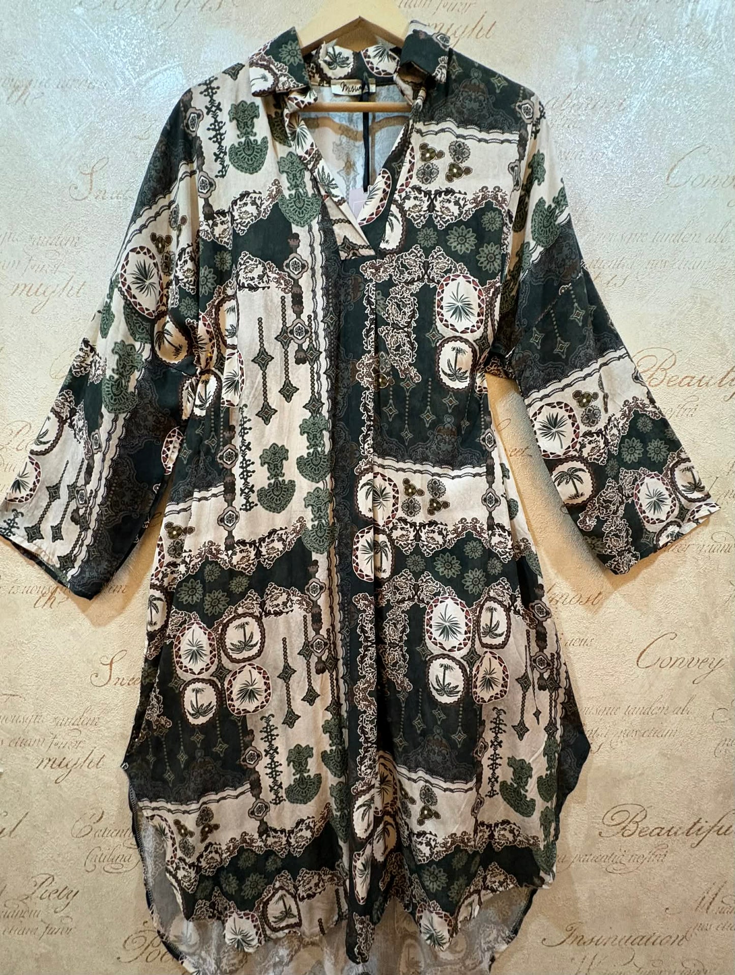 THE 'CASABLANCA' FABULOUSLY FLATTERING ETHNIC INSPIRED PRINT POCKET DETAIL SHIRT DRESS RUBY OR KHAKI