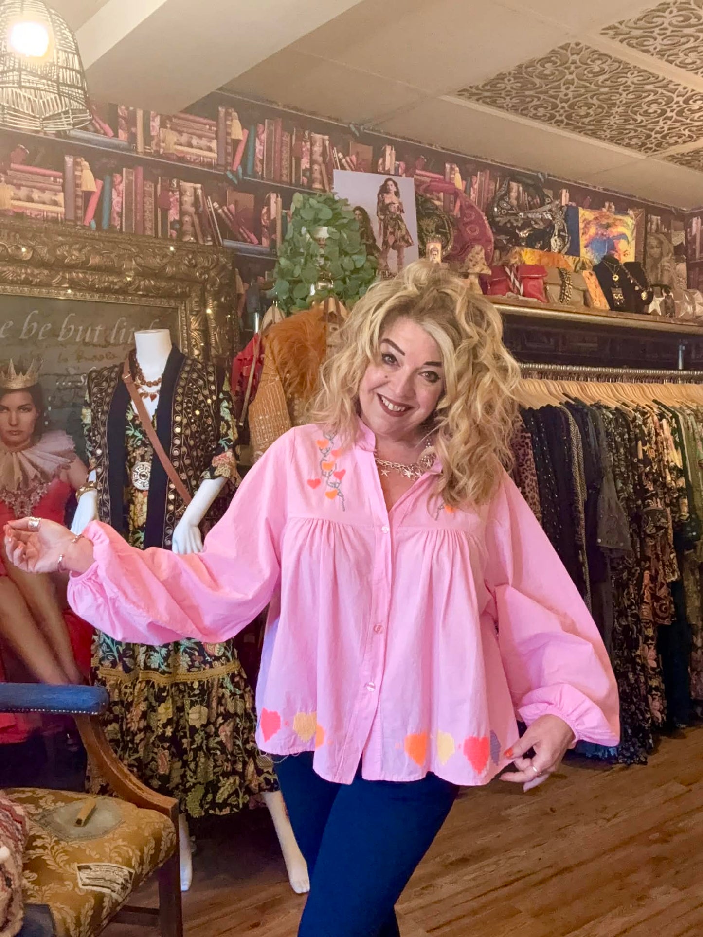 THE 'MEADOW' STUNNING 100% COTTON VINTAGE 70'S STYLE BUTTON SMOCK TOP WITH CUTE CROSS STITCH EMBROIDERY