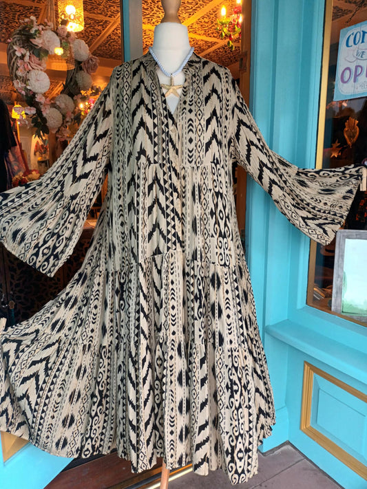 THE 'IKAT' ELEGANT AND FLOATY ETHNIC PRINT BUTTON THROUGH DRESS WITH ACCENTS OF GOLD