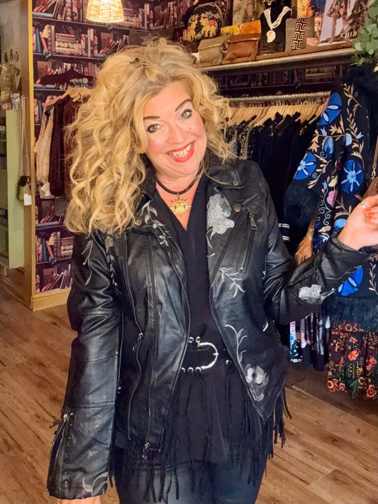 THE 'ROCK AND ROSES' STUNNING BIKER JACKET WITH BEAUTIFUL EMBROIDERED ROSES AND STUDDED DETAIL.