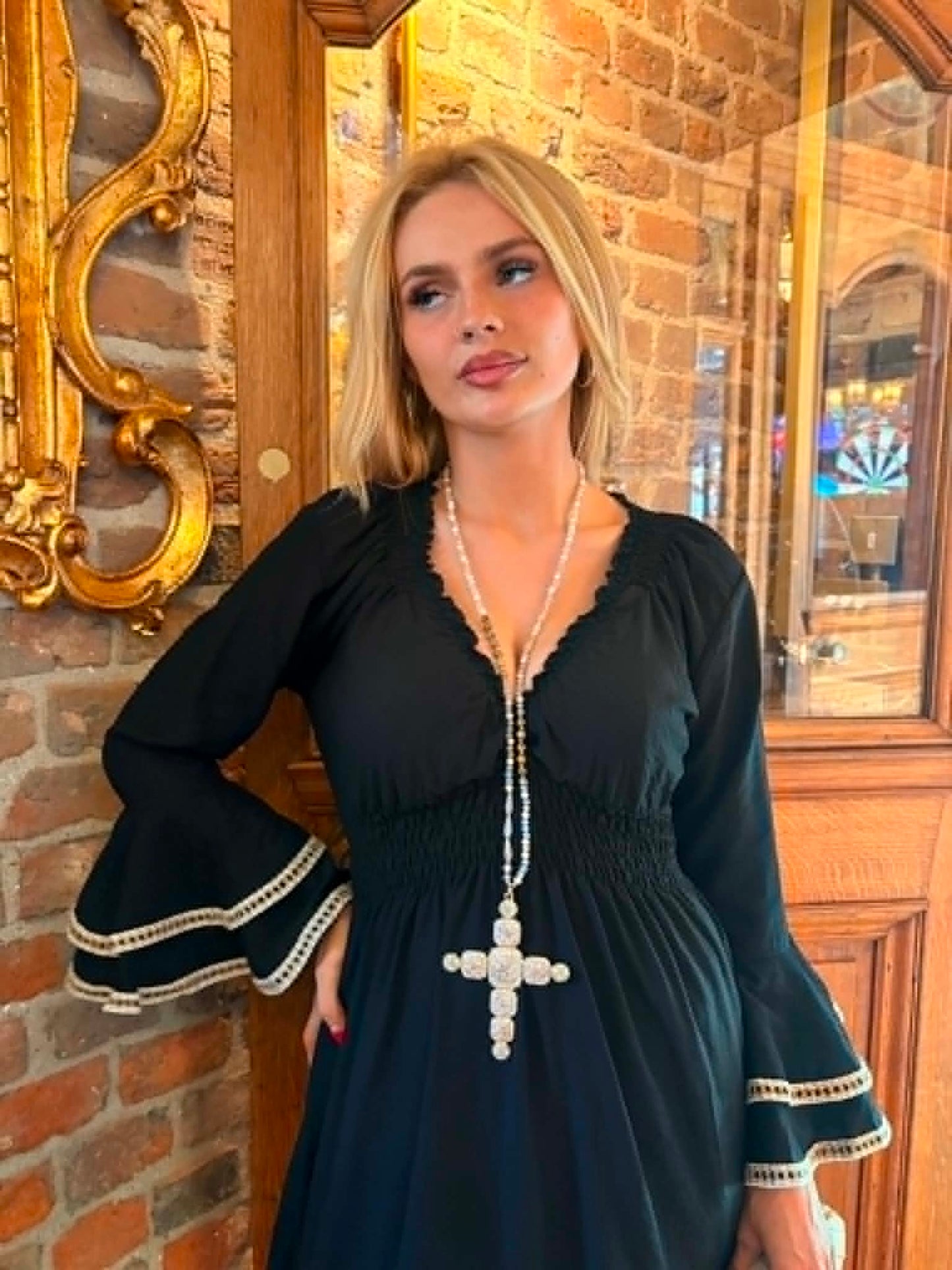 THE 'LOLA' FABULOUS BLACK AND CREAM LACE TRIM BELL SLEEVE FLIPPY DRESS FROM OUR EXCLUSIVE SPANISH COLLECTION