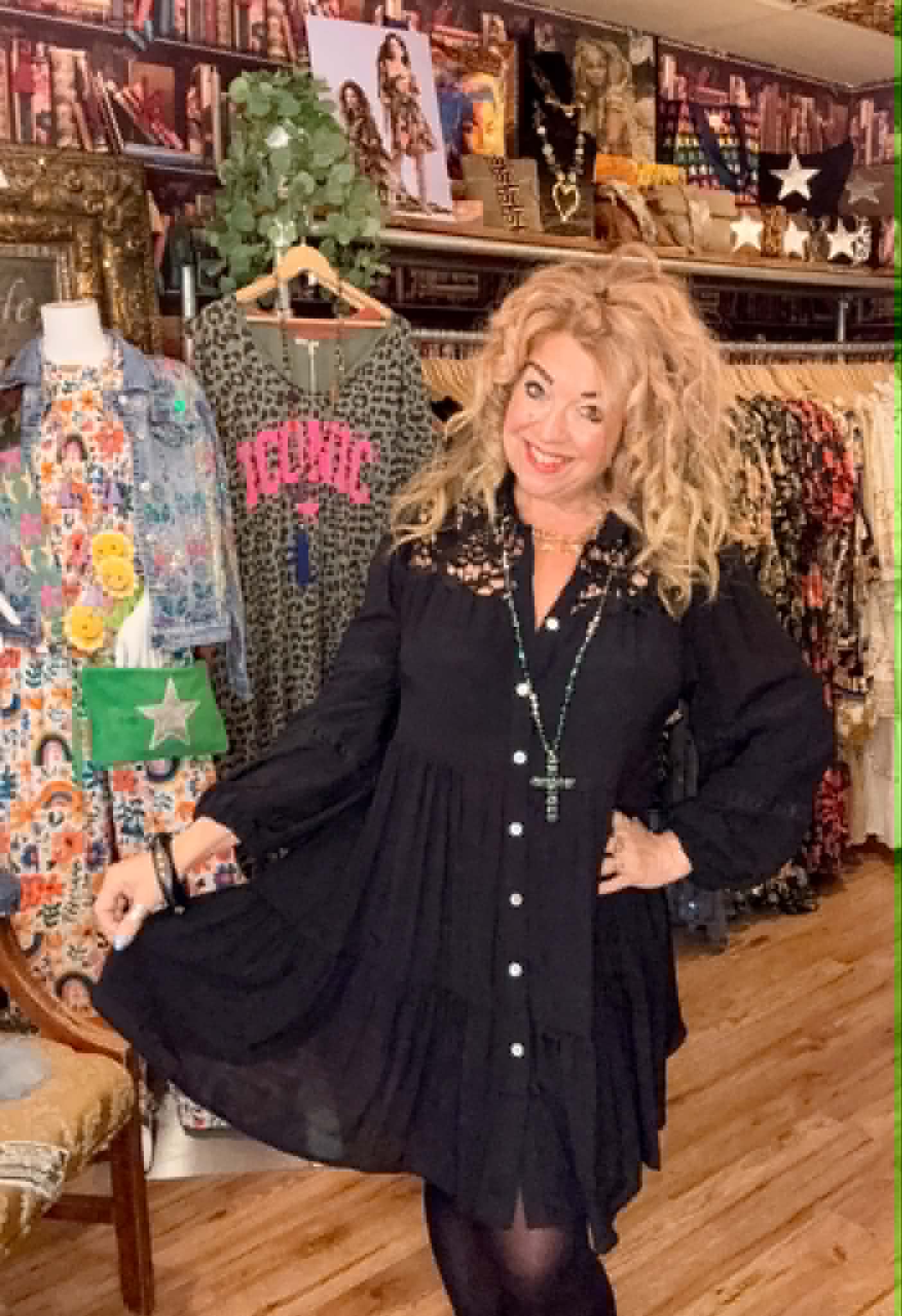 THE 'LOTTIE' BEAUTIFUL BOHEMIAN BUTTON THROUGH CROCHET DETAIL FLIPPY SHIRT DRESS BLACK