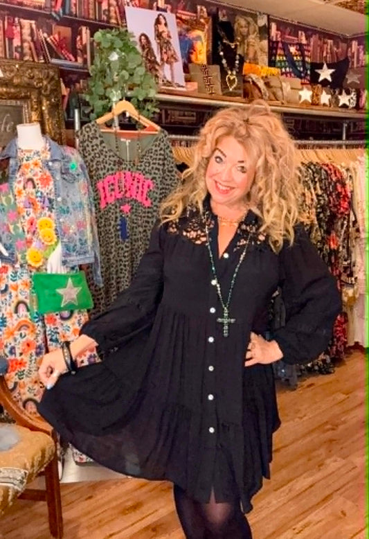THE 'LOTTIE' BEAUTIFUL BOHEMIAN BUTTON THROUGH CROCHET DETAIL FLIPPY SHIRT DRESS BLACK