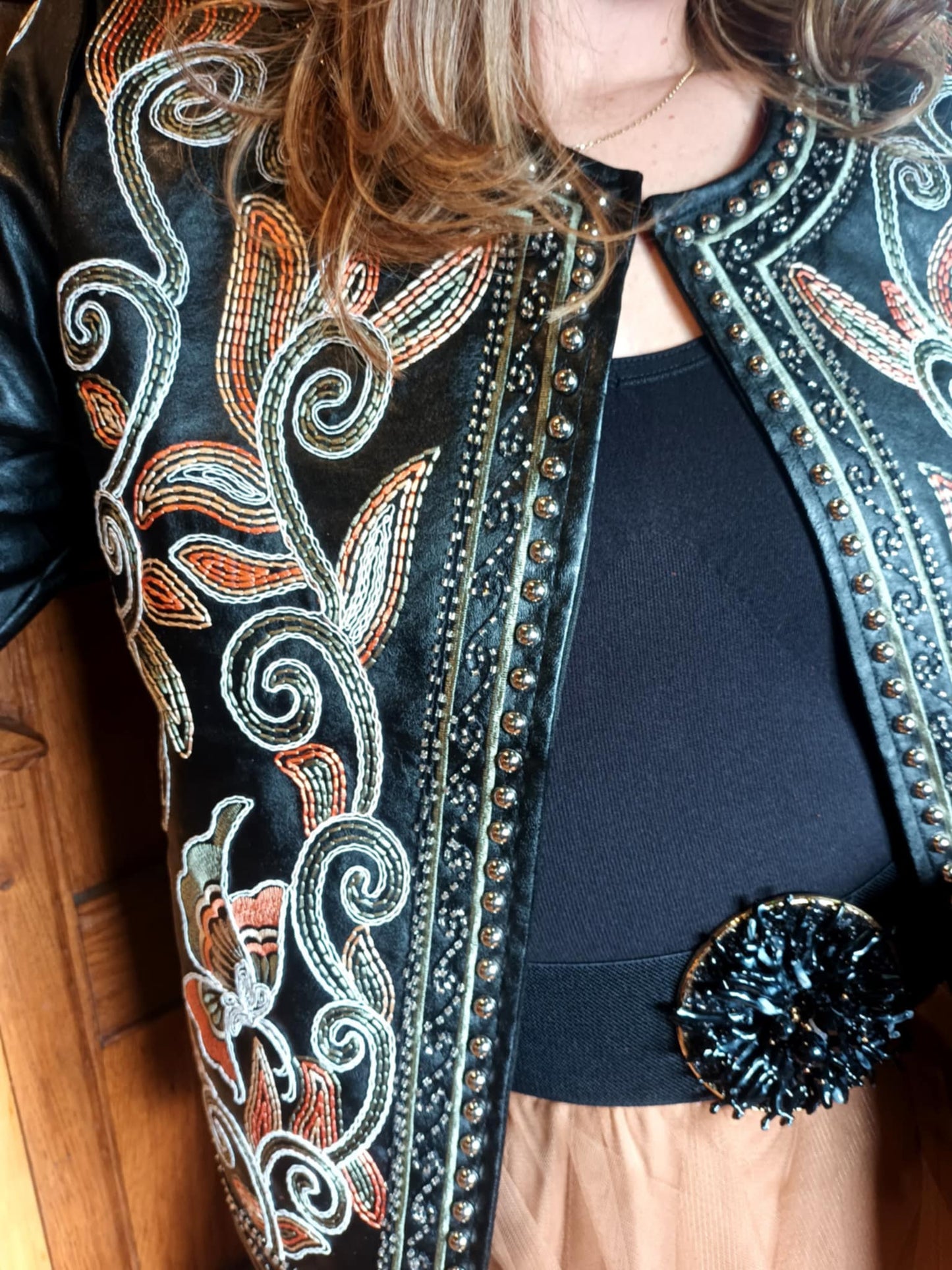 THE 'CLAUDIA' ELEGANT FAUX LEATHER STUDDED AND RICHLY EMBROIDERED JACKET