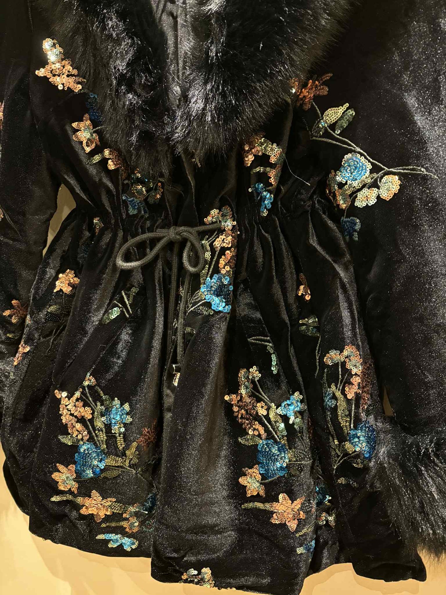 THE 'KIKI' LUXURIOUS VELVET COAT WITH STUNNING SEQUIN, FAUX FUR AND EMBROIDERED DETAIL