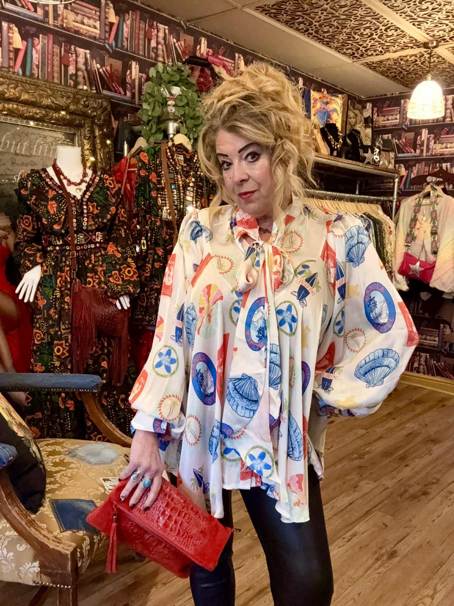 THE 'MANILA' EXQUISITE PUSSY BOW SHIRT IN A QUIRKY LATIN AMERICAN PRINT TWO COLOUR OPTIONS