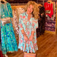 THE 'BELLE ANTICA' STUNNING DUCK EGG AND MULTI BIRD PRINT RUFFLE NECK SMOCK DRESS WITH TASSEL DETAIL