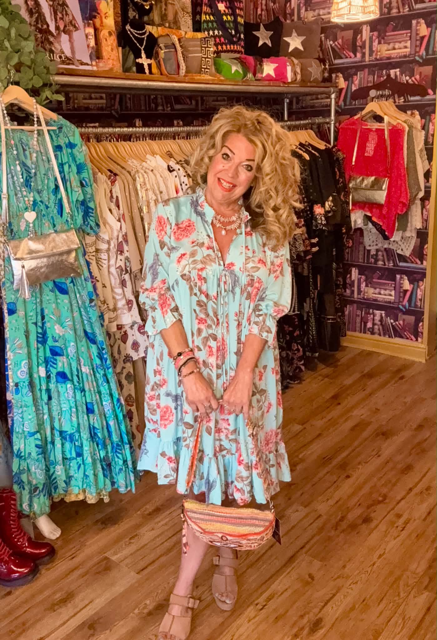 THE 'BELLE ANTICA' STUNNING DUCK EGG AND MULTI BIRD PRINT RUFFLE NECK SMOCK DRESS WITH TASSEL DETAIL