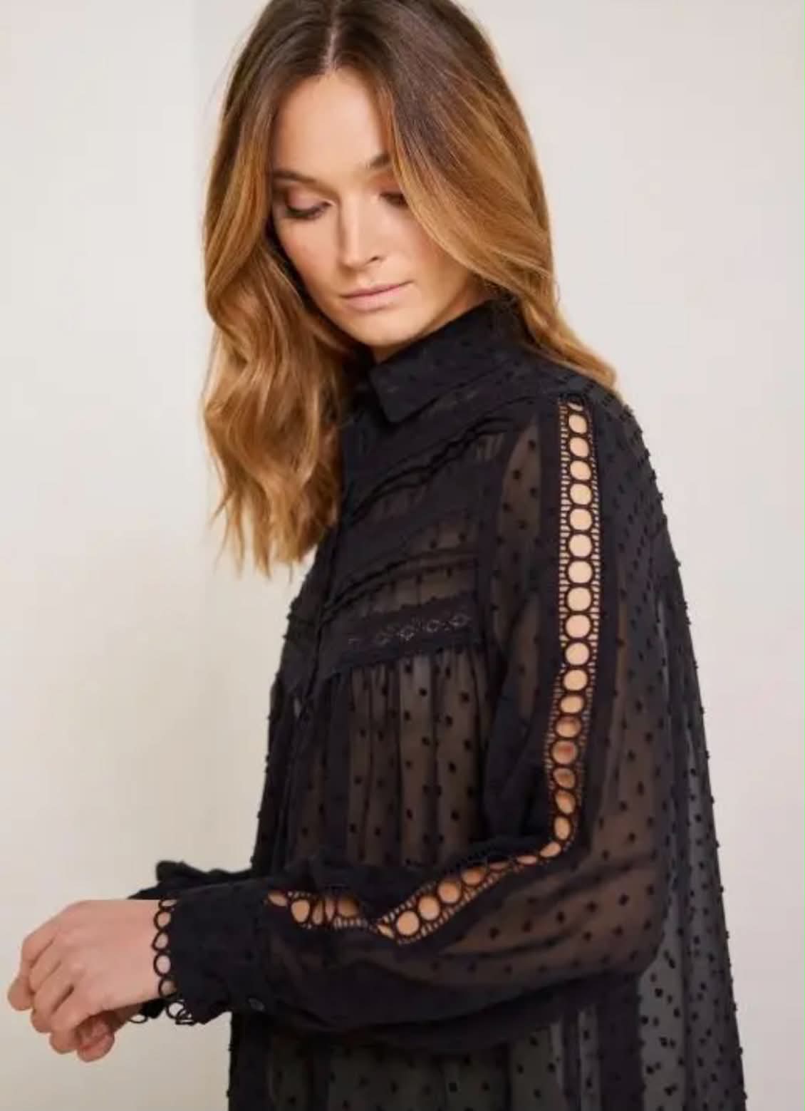 THE 'VICTORIANA' STUNNING BLACK DOBBY SPOT LACE EMBELLISHED VICTORIANA STYLE BUTTON THROUGH TUNIC/DRESS