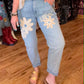THE 'LOVE AND DAISIES' VINTAGE STYLE SUPERSOFT STRETCH CHAMBRAY JEANS WITH APPLIQUE DETAIL