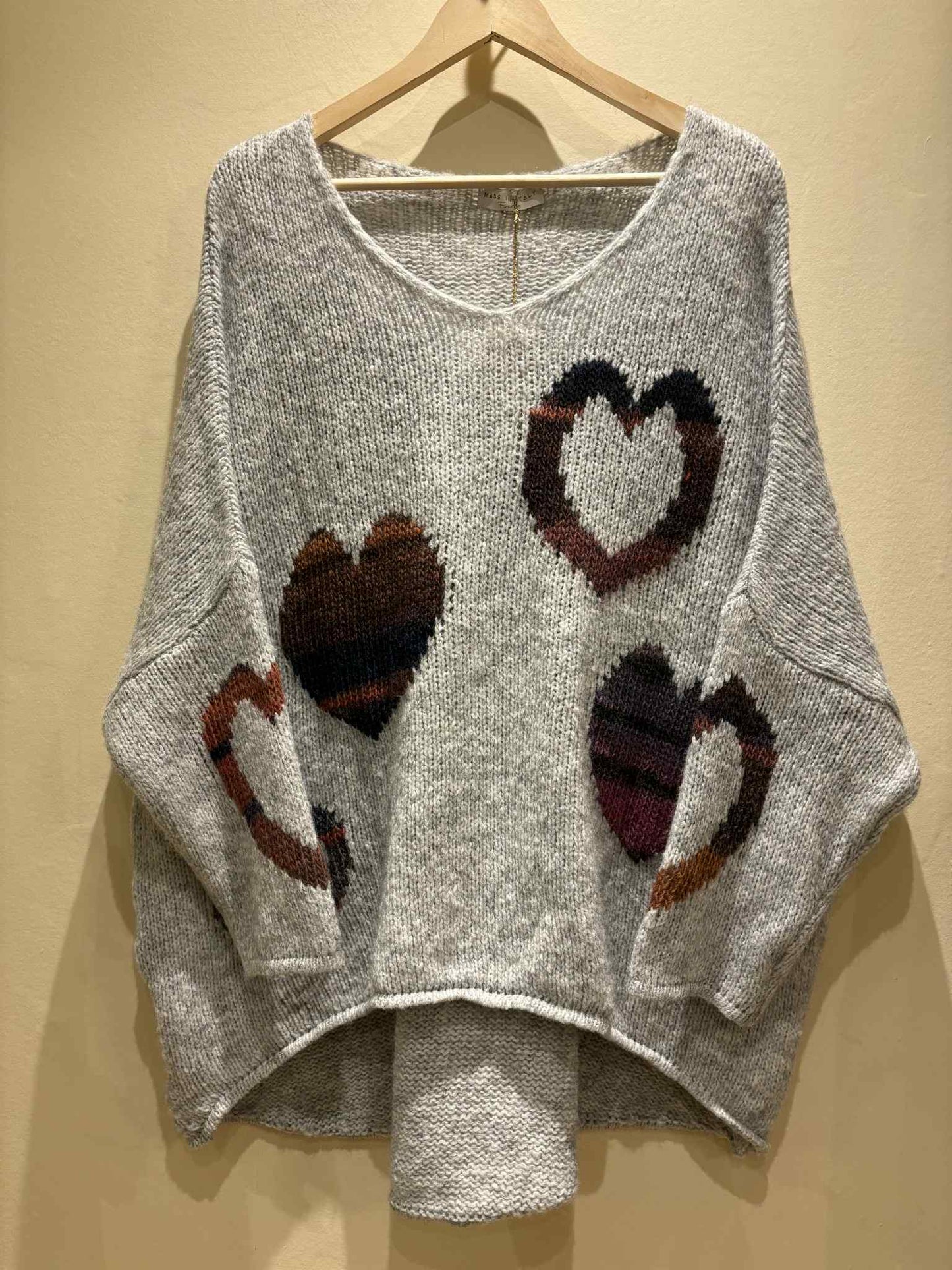 THE 'STRIPEY HEARTS' COSY OVERSIZED SNUGGLE JUMPER IN SOFT GREY