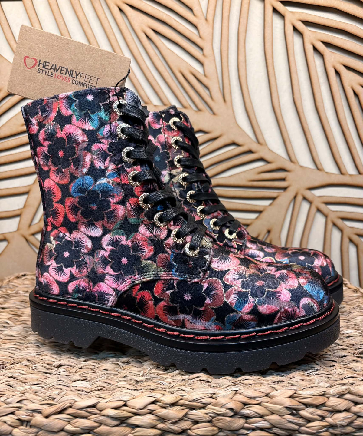 THE 'PANSY' STUNNING MULTI PANSY PATTERN LACE UP SUPER COMFORT LACE UP/ZIP BOOTS VEGAN FRIENDLY