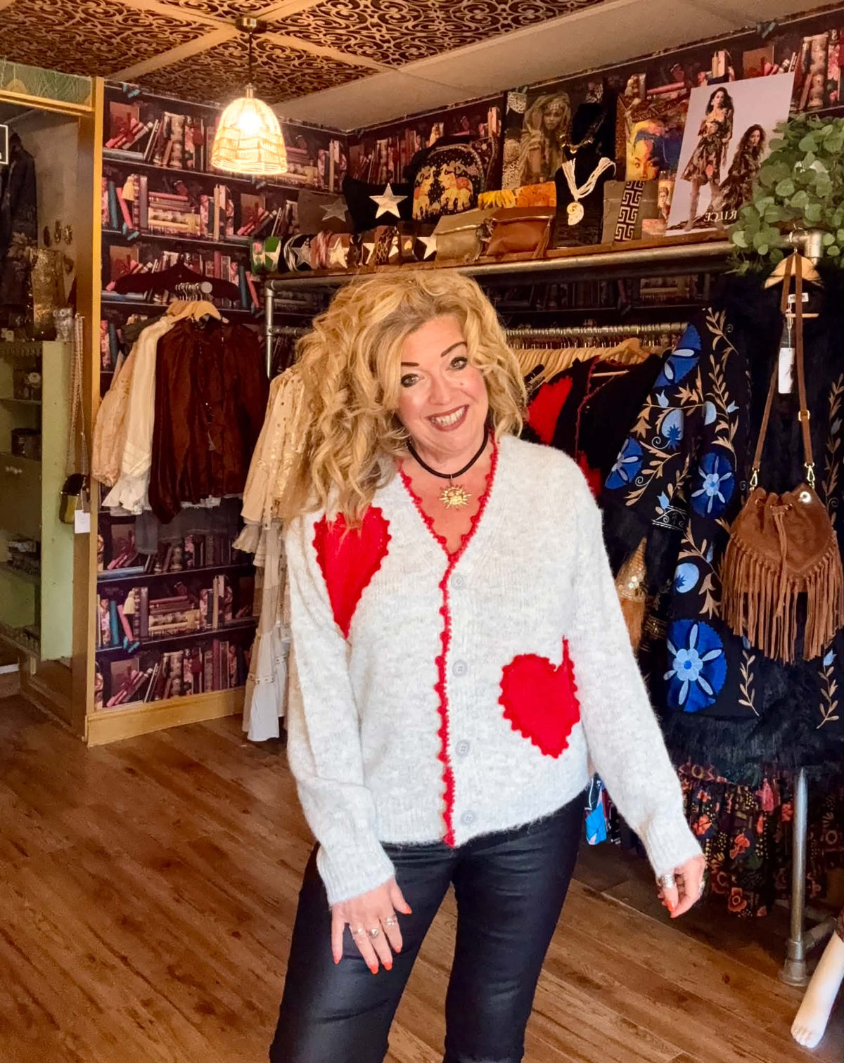 THE 'LOVE IS' SUPERSOFT FLUFFY CARDIGAN WITH APPLIQUE KNITTED HEARTS IN BLACK OR PALE GREY