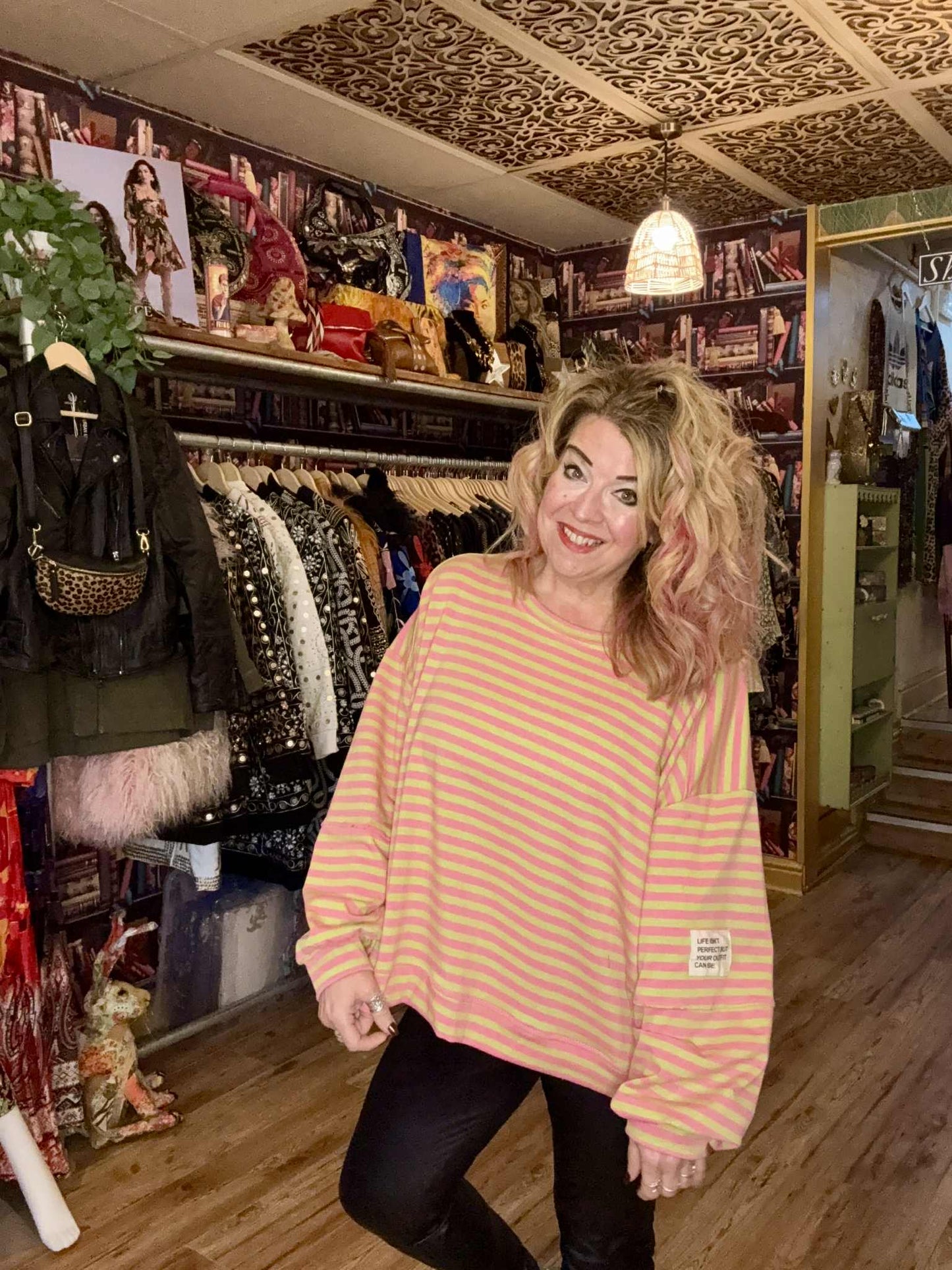 THE 'WEEKENDER' 70'S STYLE BRIGHT & BEAUTIFUL STRIPED SWEATSHIRT WITH QUIRKY PATCH DETAIL TWO COLOUR OPTIONS