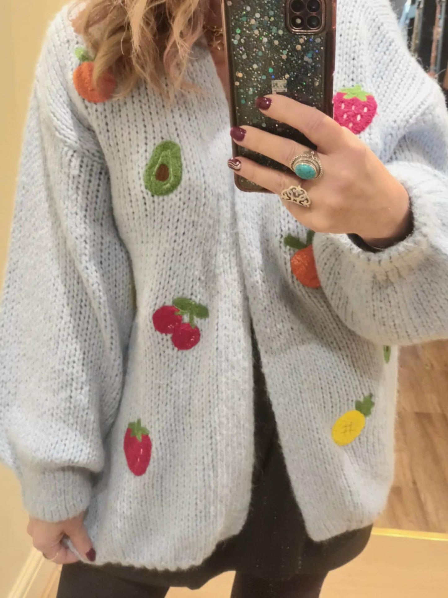 THE 'FEELING FRUITY' FABULOUSLY COSY EMBROIDERED SNUGGLE CARDIGAN IN SAGE GREEN OR POWDER BLUE