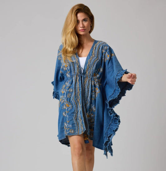 THE 'WOODSTOCK SKIES' STUNNING RICHLY EMBROIDERED SUPERSOFT DENIM TIE FRONT KAFTAN TOP/JACKET