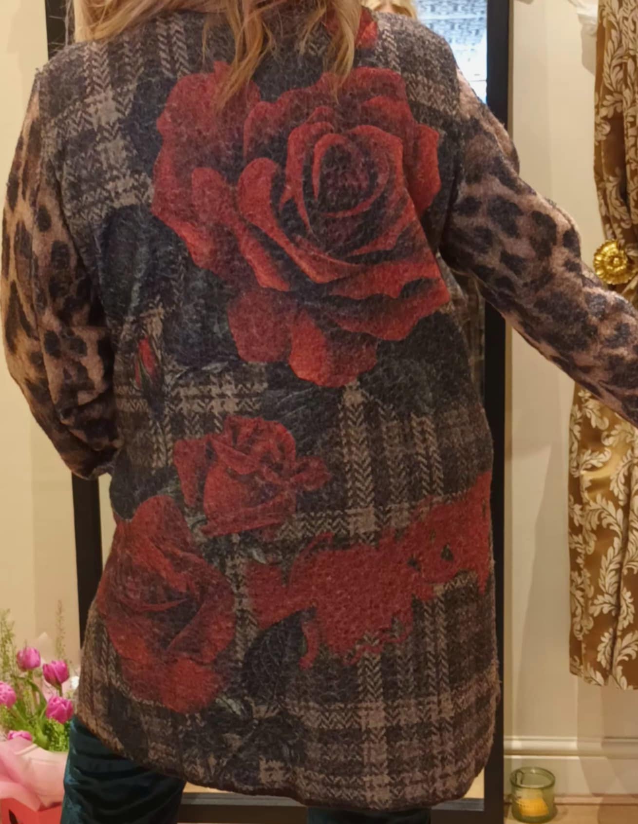 THE 'URBAN ROSES' STUNNING TARTAN AND LEOPARD STATEMENT BLANKET COAT WITH STRIKING BACK DETAIL