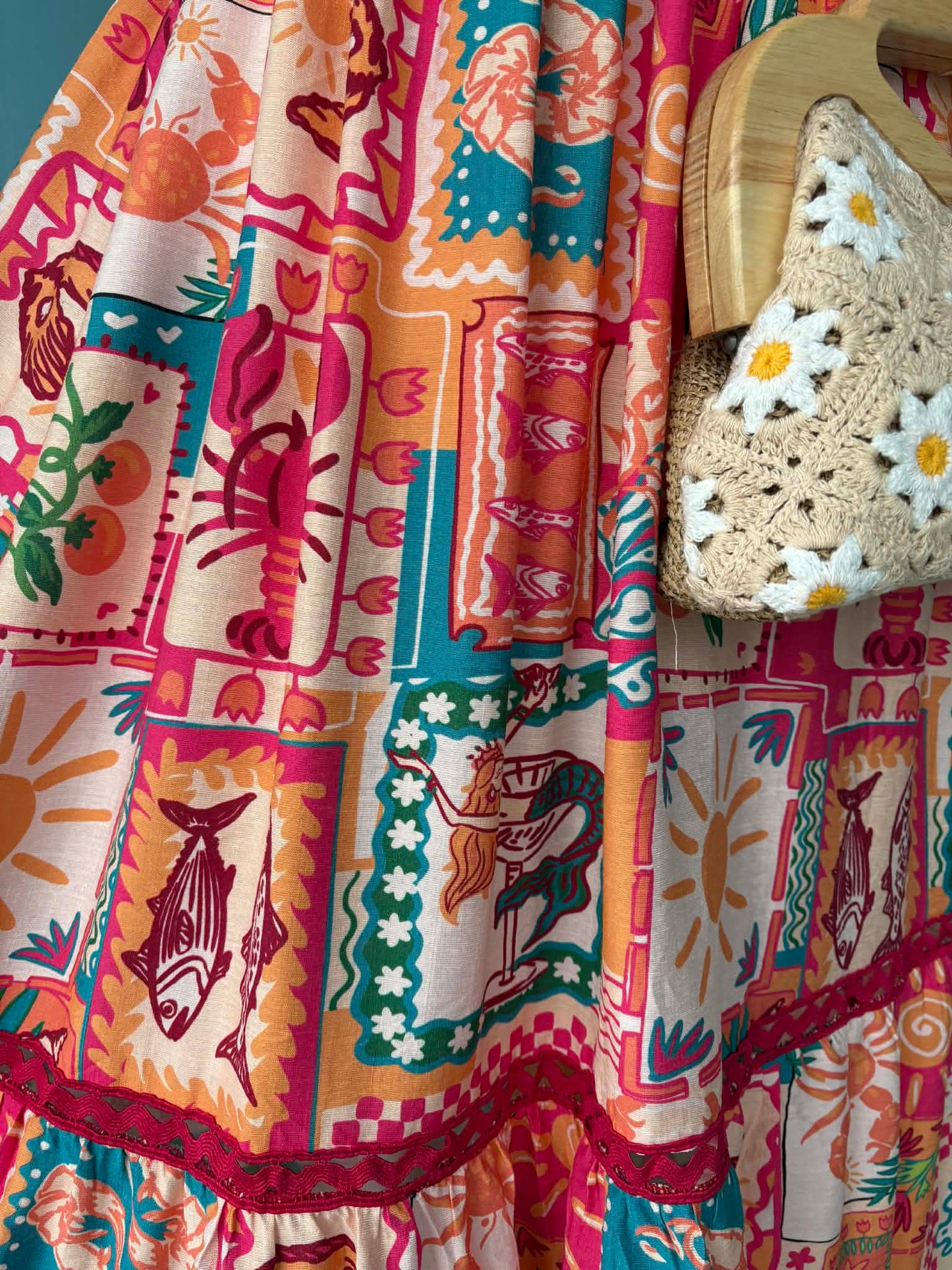 THE 'SORRENTO' VINTAGE 50'S STYLE QUIRKY PRINT DRESS WITH POCKETS AND CUTE RIK RAK TRIM