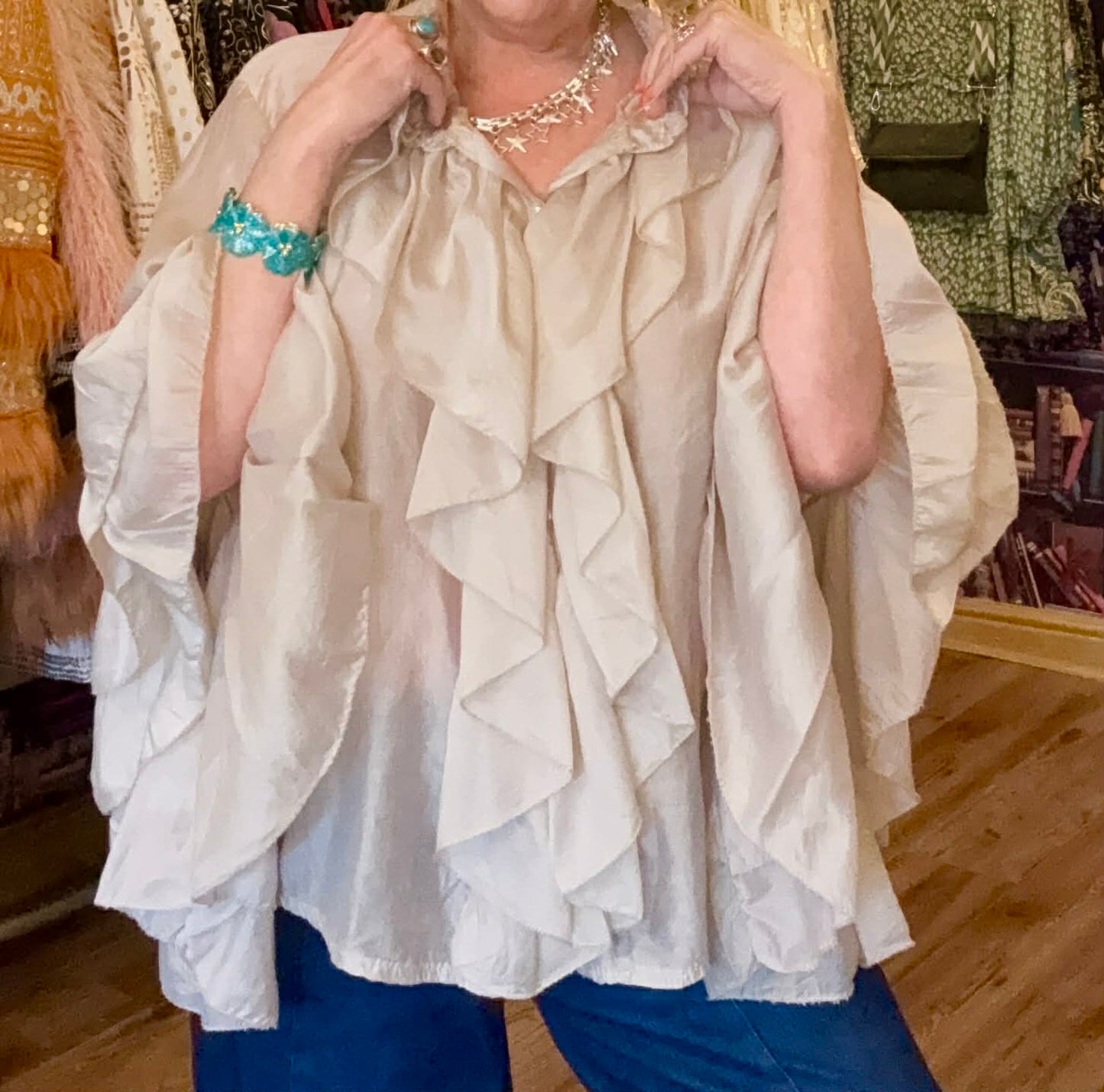 THE 'FLORENCE' FABULOUSLY FLAMBOYANT WATERFALL FRILL, BELL SLEEVE 70'S STYLE TOP IN ANTIQUE CREAM