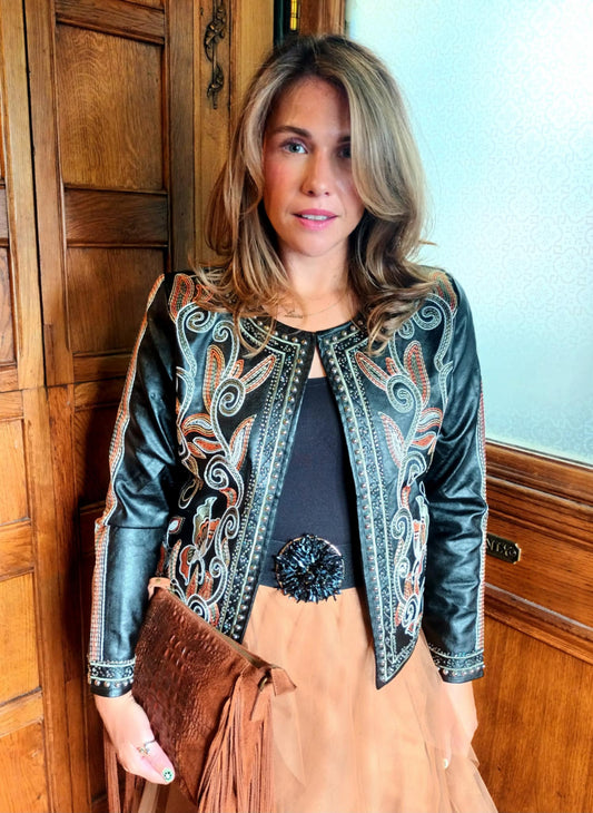 THE 'CLAUDIA' ELEGANT FAUX LEATHER STUDDED AND RICHLY EMBROIDERED JACKET