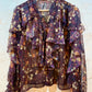 THE 'CLARA' BEAUTIFUL CHIFFON BUTTON FRONT WATERFALL FRILL BLOUSE IN A PLUM AND SPICE DITSY PRINT