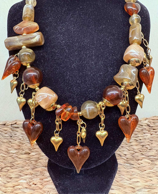 THE 'OPHELIA' STUNNING AMBER AND SPICE COLOURED DANGLING HEARTS NECKLACE