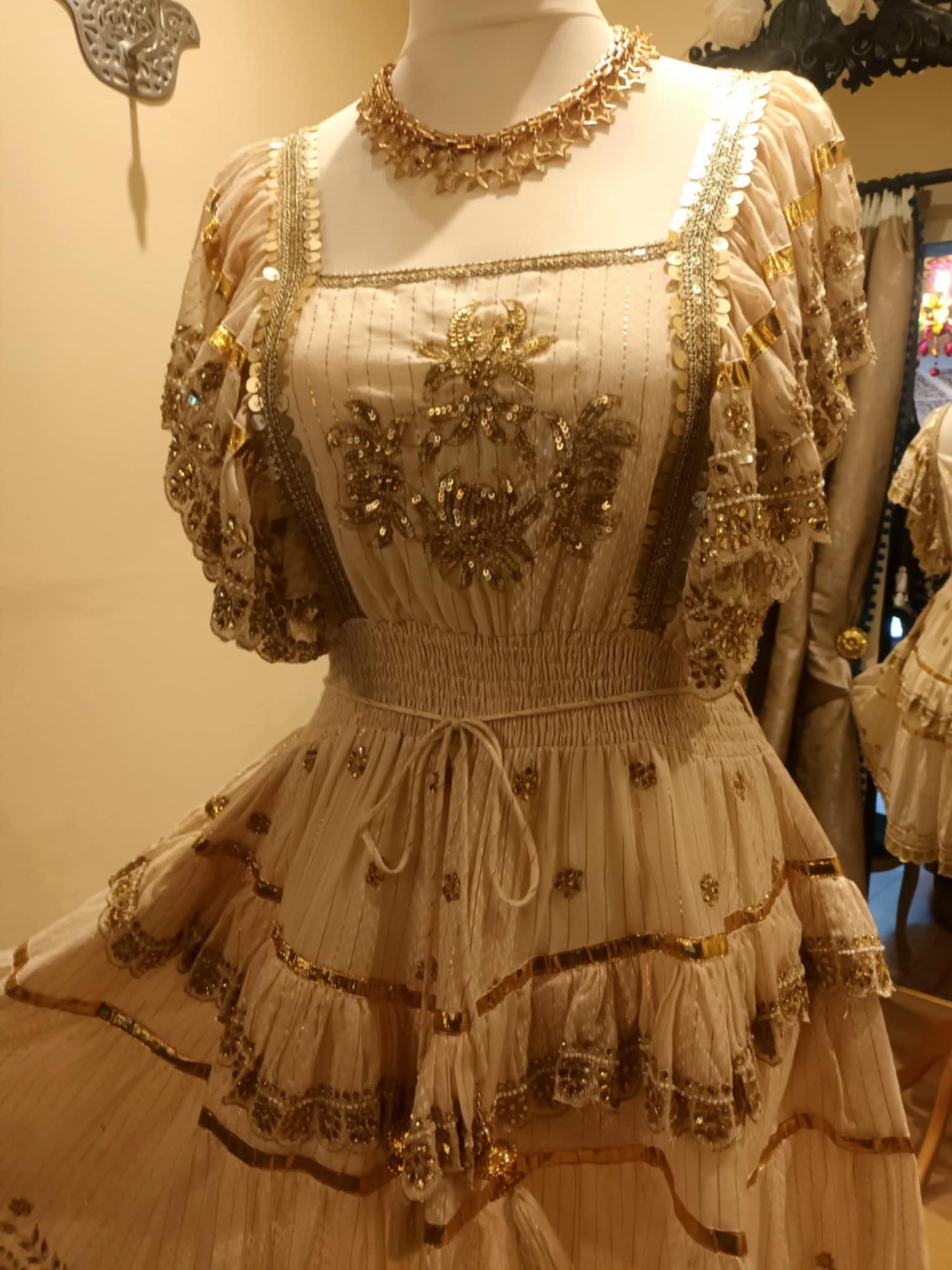 THE 'NATALIA' RICHLY BEADED FLIPPY BOHEMIAN DRESS IN BLACK/GOLD OR CREAM/GOLD FROM OUR SPANISH COLLECTION