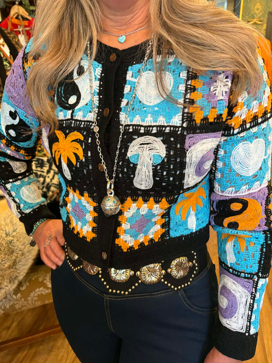 THE 'MYSTIC VIBES' BRIGHT & QUIRKY CROCHET CARDIGAN YING & YANG, HEARTS & MUSHROOMS