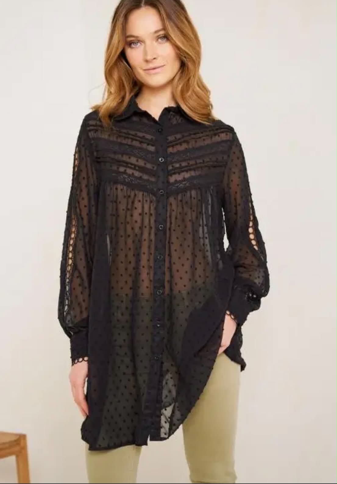 THE 'VICTORIANA' STUNNING BLACK DOBBY SPOT LACE EMBELLISHED VICTORIANA STYLE BUTTON THROUGH TUNIC/DRESS