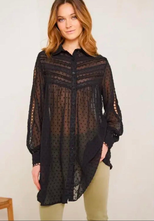 THE 'VICTORIANA' STUNNING BLACK DOBBY SPOT LACE EMBELLISHED VICTORIANA STYLE BUTTON THROUGH TUNIC/DRESS