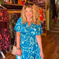 THE 'ALHAMBRA SKIES' BREATH TAKING TURQUOISE AND COBALT BOTANICAL PRINT FRILL HEM DRESS FROM OUR SPANISH COLLECTION