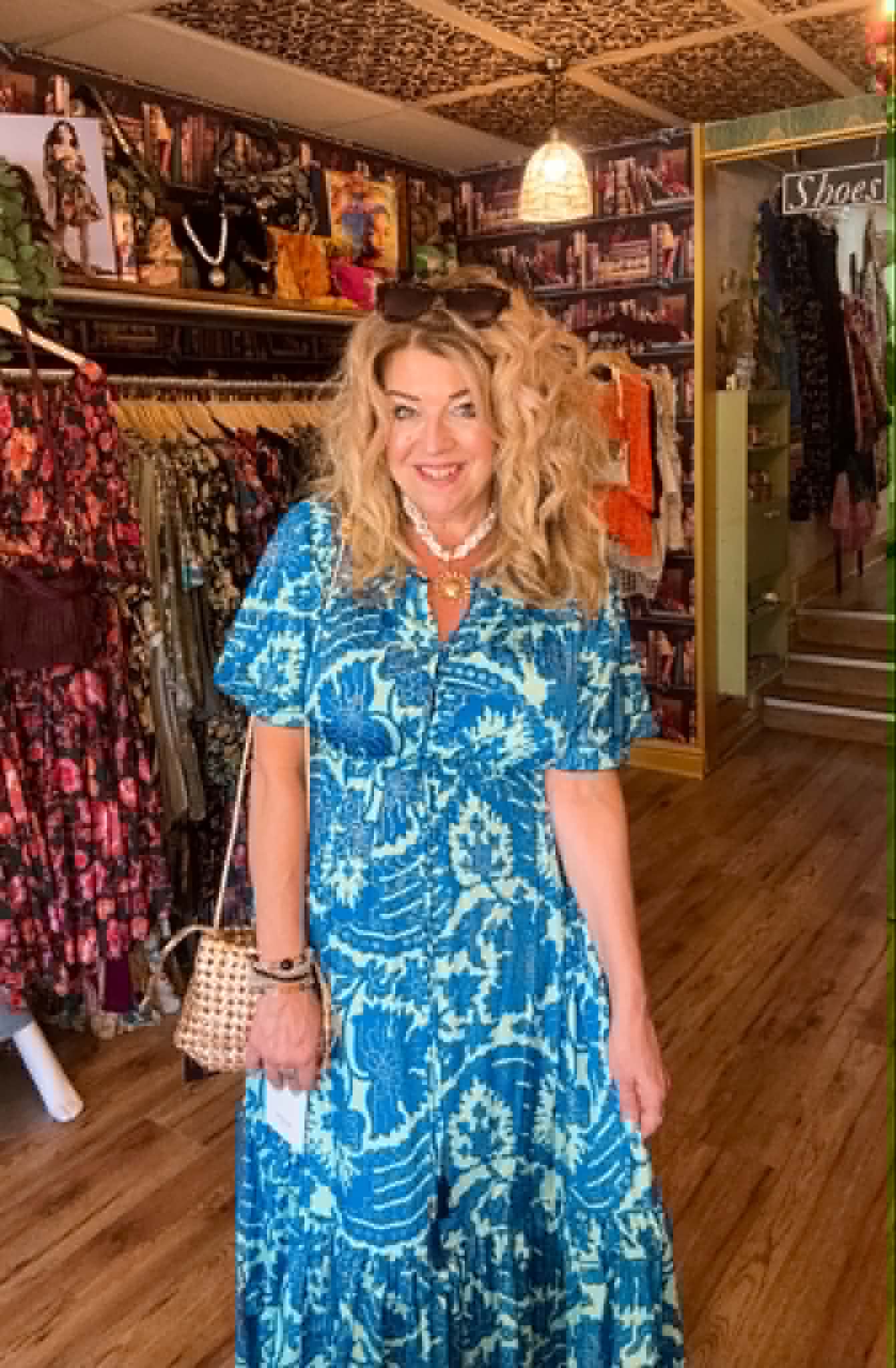 THE 'ALHAMBRA SKIES' BREATH TAKING TURQUOISE AND COBALT BOTANICAL PRINT FRILL HEM DRESS FROM OUR SPANISH COLLECTION