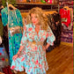 THE 'BELLE ANTICA' STUNNING DUCK EGG AND MULTI BIRD PRINT RUFFLE NECK SMOCK DRESS WITH TASSEL DETAIL