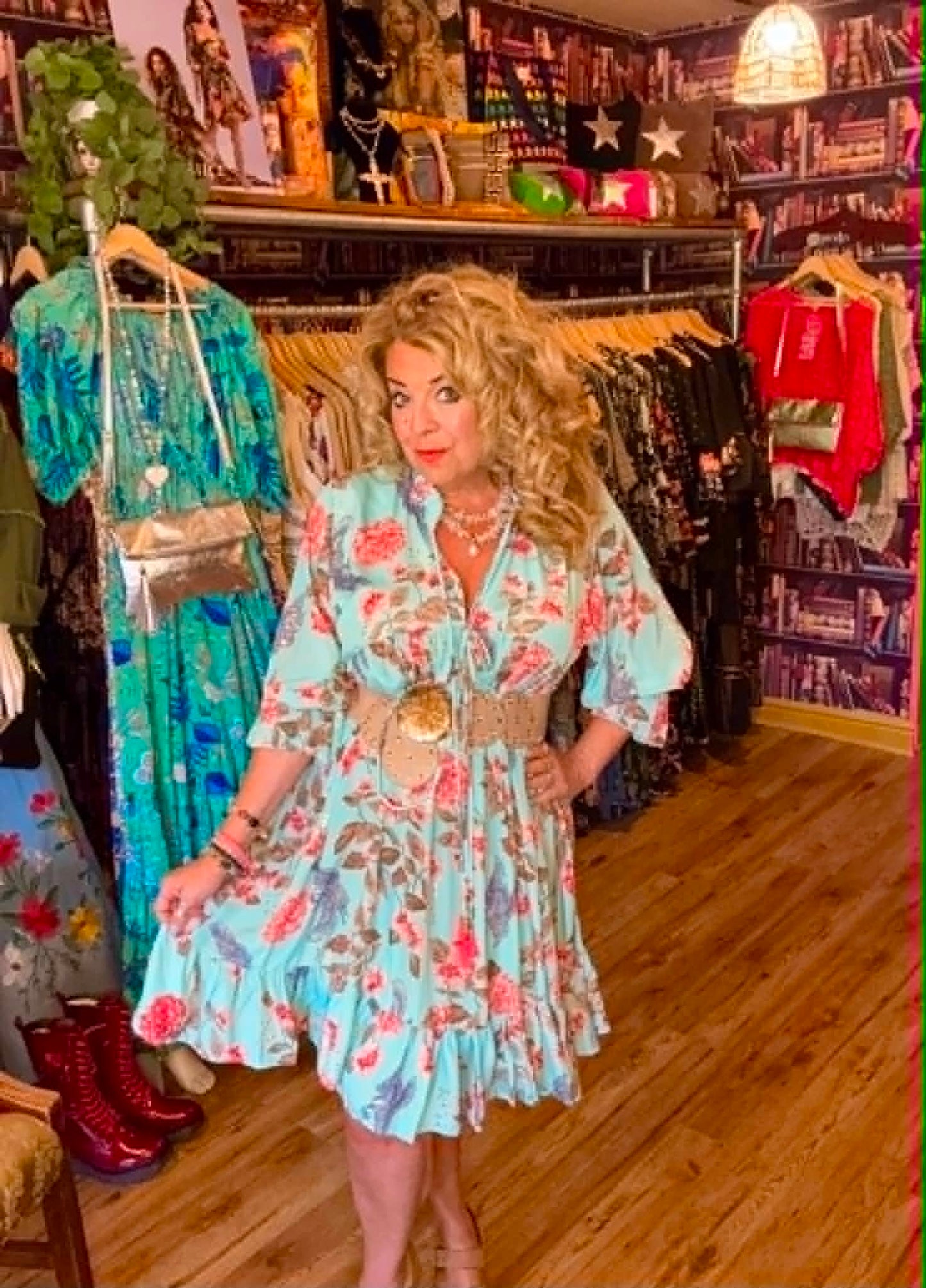 THE 'BELLE ANTICA' STUNNING DUCK EGG AND MULTI BIRD PRINT RUFFLE NECK SMOCK DRESS WITH TASSEL DETAIL