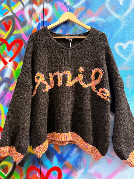 THE 'SMILE' COSY OVERSIZED SNUGGLE JUMPER IN BLACK WITH RAINBOW COLOURED SMILE MOTIF
