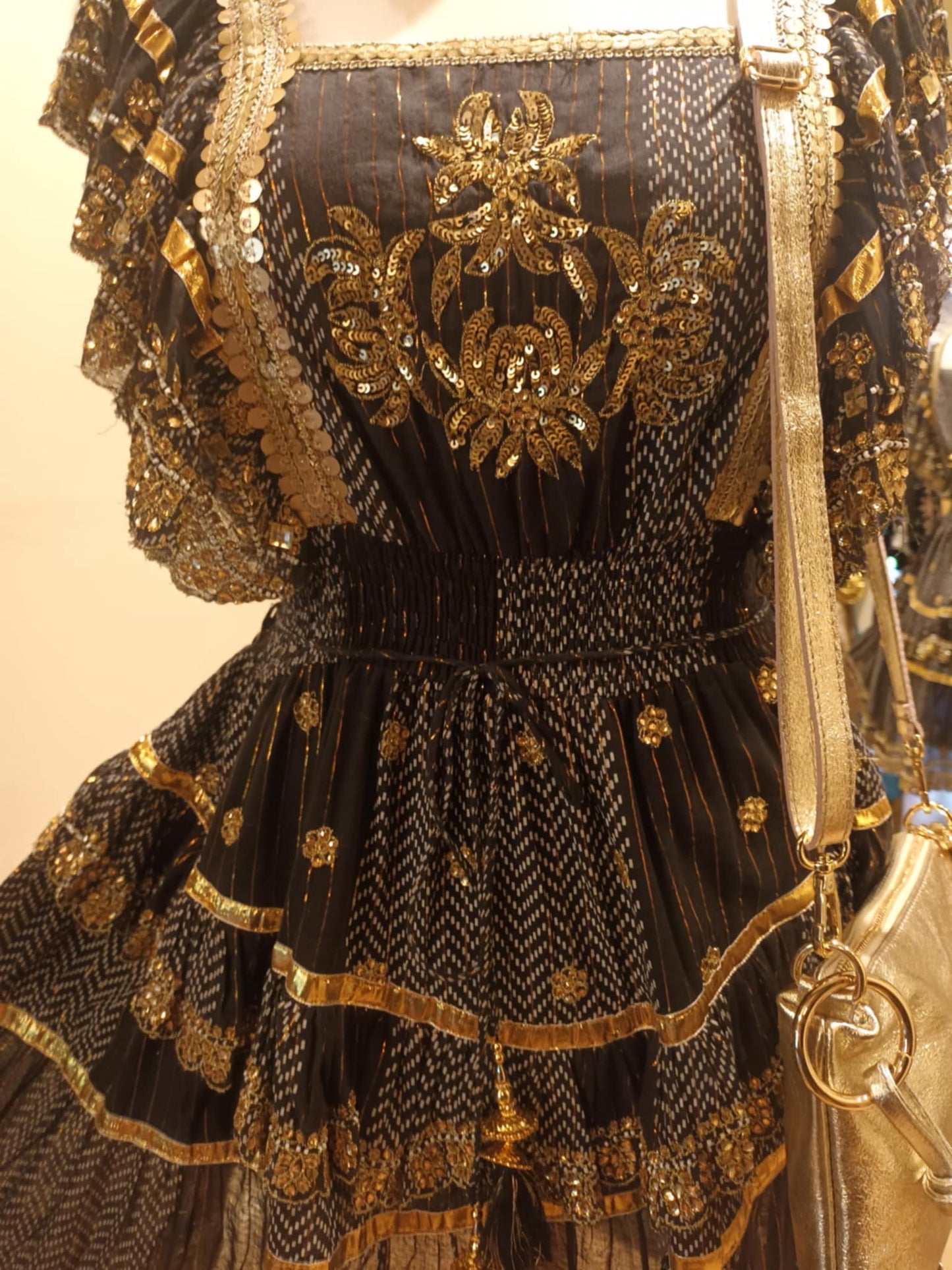 THE 'NATALIA' RICHLY BEADED FLIPPY BOHEMIAN DRESS IN BLACK/GOLD OR CREAM/GOLD FROM OUR SPANISH COLLECTION