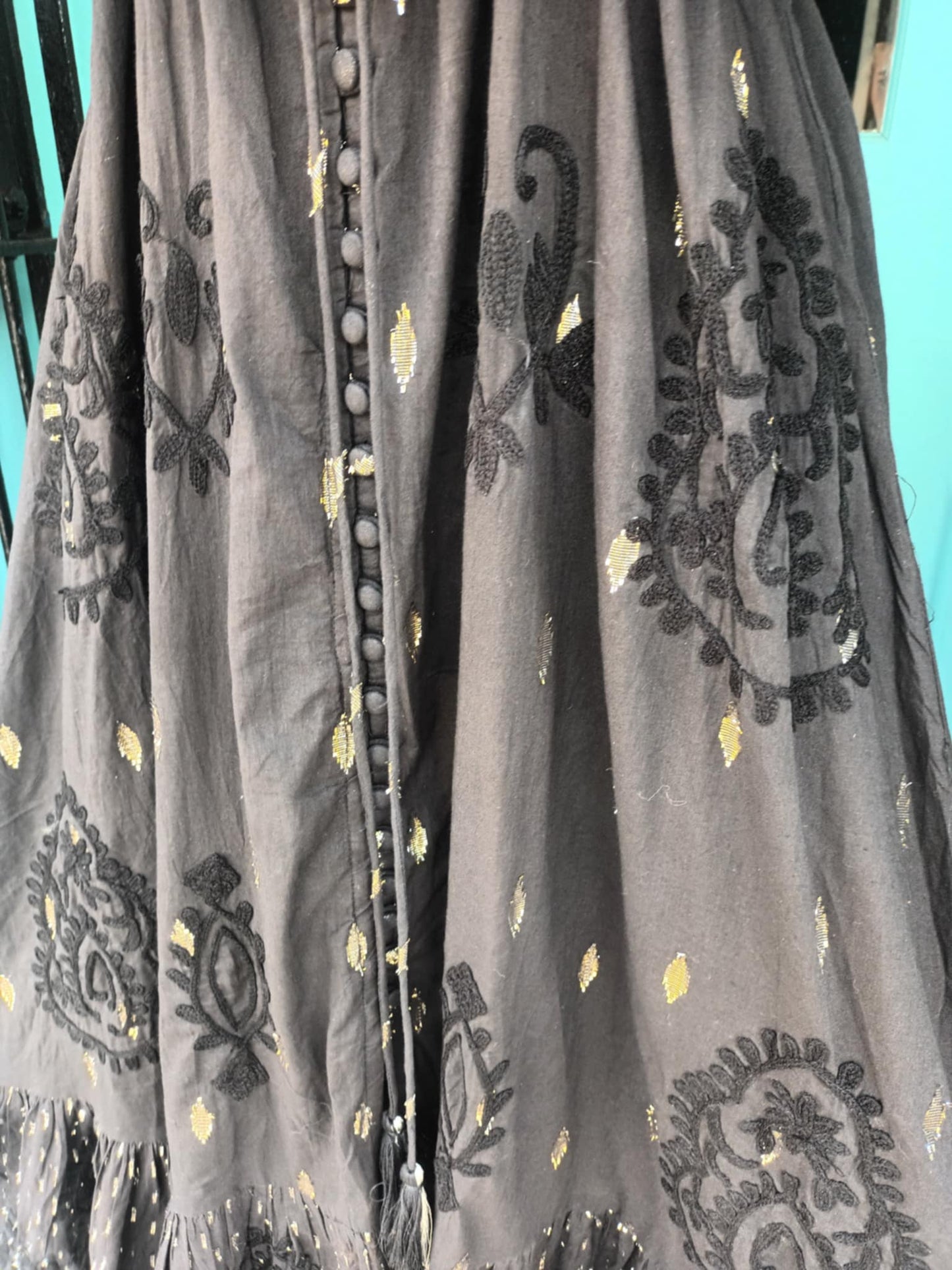 THE 'SEVILLE SUNSET' BEAUTIFUL RICH EMBROIDERED BLACK COTTON DRESS WITH GOLD AND SILVER DETAIL