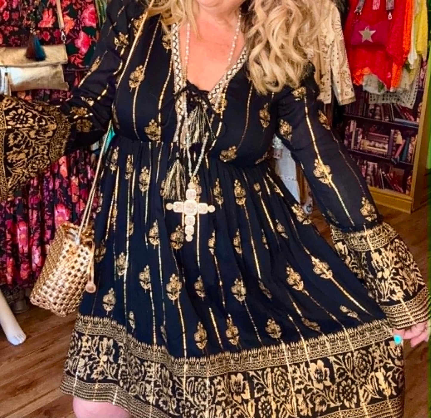 THE 'JASMINE' BEAUTIFUL BLACK AND GOLD EMBROIDERED BELL SLEEVE DRESS MADE IN INDIA
