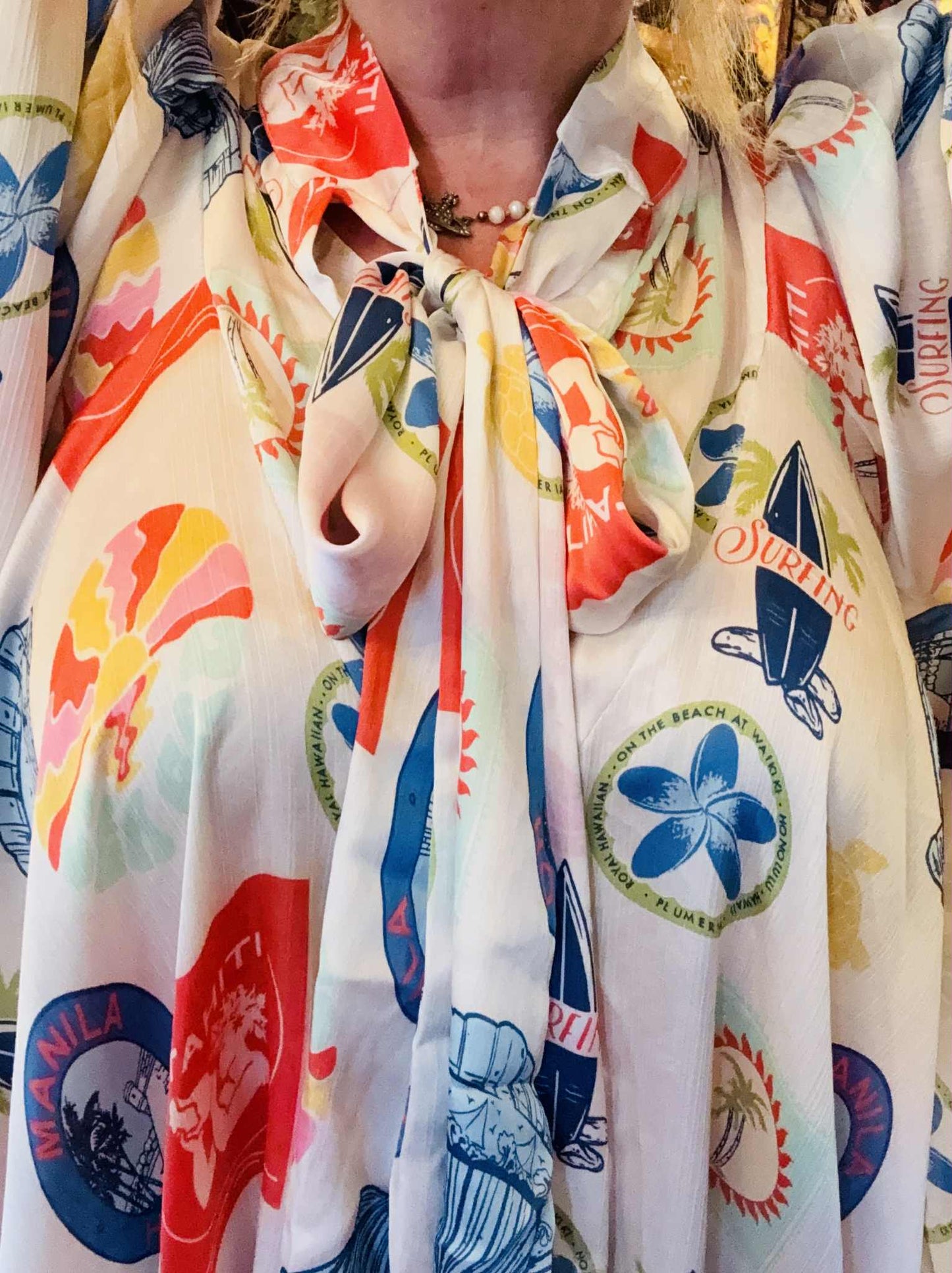 THE 'MANILA' EXQUISITE PUSSY BOW SHIRT IN A QUIRKY LATIN AMERICAN PRINT TWO COLOUR OPTIONS