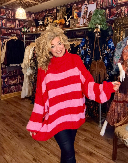 THE 'KOZY DAZE' BRIGHT AND BEAUTIFUL BOLD RED AND PINK STRIPED SUPERSOFT OVERSIZED SNUGGLE JUMPER