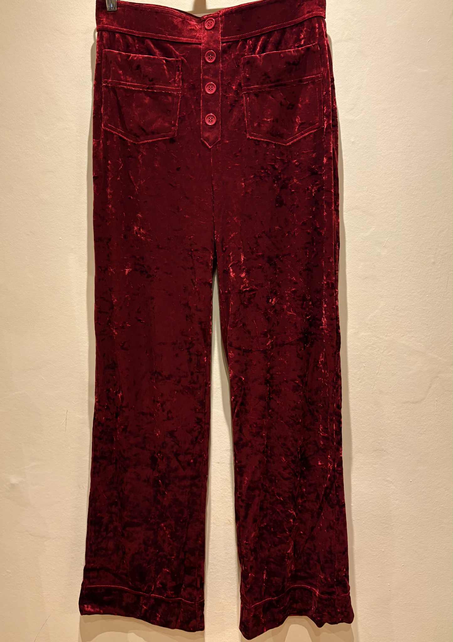 THE 'RITA ROCK CHICK' FABULOUS CRUSHED VELVET FIGURE SCULPTING FLARED BOOT CUT STRETCH TROUSERS BOTTLE GREEN OR CHERRY