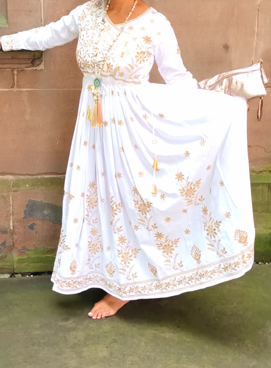 'BOHEMIAN PRINCESS' DRESS IN LUXURIOUS WHITE COTTON WITH GOLD EMBROIDERED DETAIL
