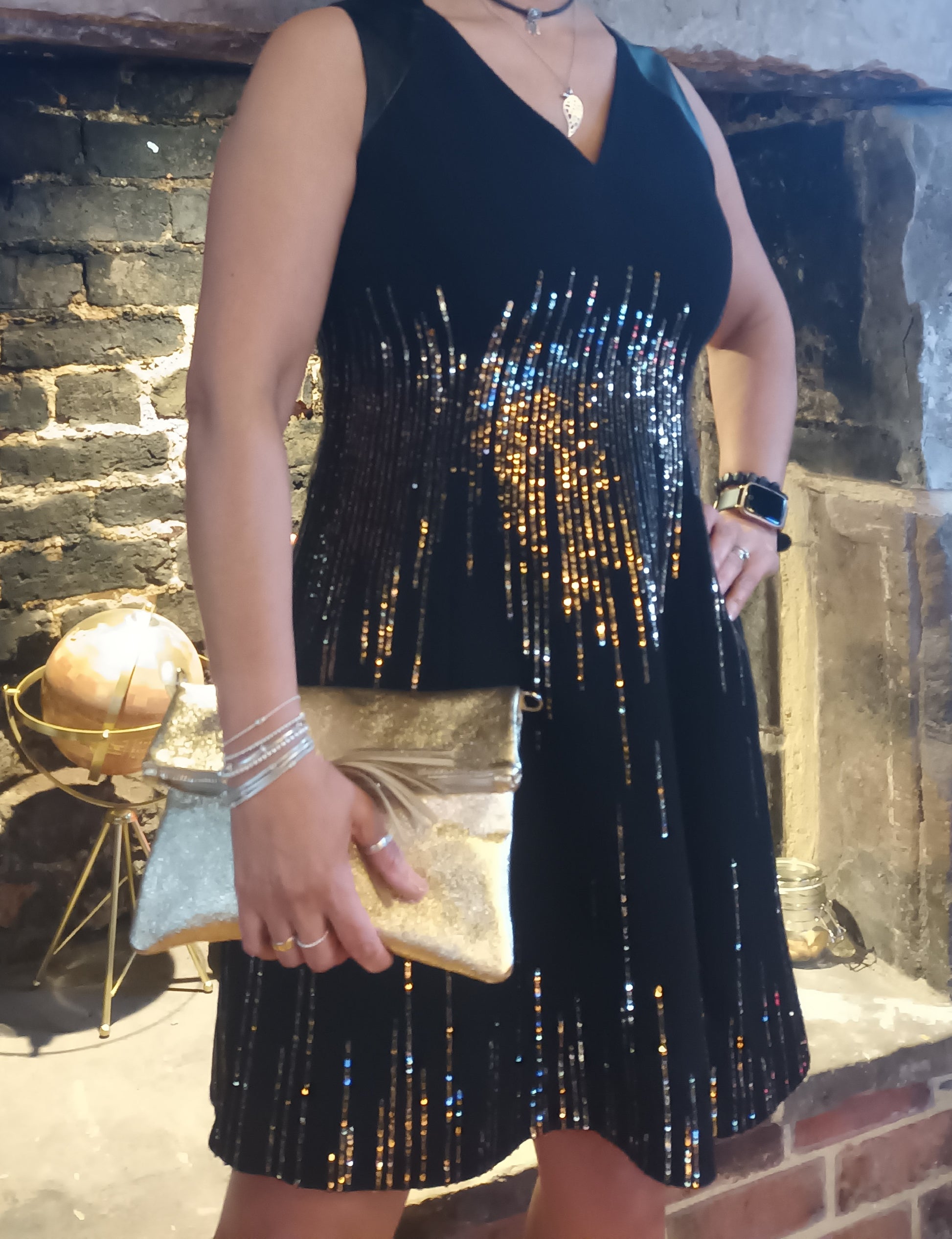 Karen Millen Size 14 Shimmery A-Line Dress With Faux Leather Trim Karen Millen Size 14 Shimmery A-Line Dress With Faux Leather Trim